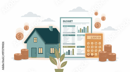 Home budgeting and financial planning concept with calculator and coins