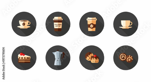 Food and drink icons on dark.