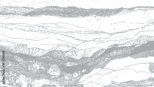 Vector illustration of layered rock formations in a stylized monochromatic landscape with textured geological strata