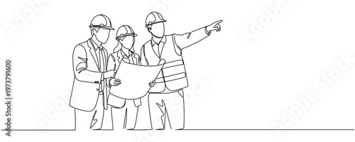 A single-line drawing depicting architects discussing a construction project. A single-line illustration depicting an architect's technical specifications. Vector graphics depicting the concept of a c