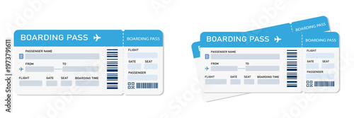 Boarding pass vector illustration. Air plane tickets template. Airline flight pass concept. Blue departure document. Blue airplane tickets design. Blank boarding pass template isolated.