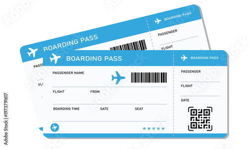 Boarding pass vector illustration. Air plane tickets template. Airline flight pass concept. Blue departure document. Blue airplane tickets design. Blank boarding pass template isolated.
