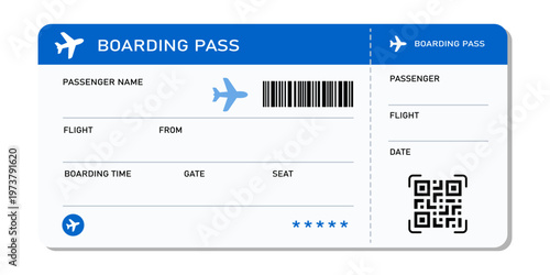 Boarding pass vector illustration. Air plane tickets template. Airline flight pass concept. Blue departure document. Blue airplane tickets design. Blank boarding pass template isolated.