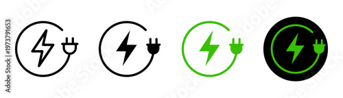 Battery charge icon. Charge indicator symbol. Electric power charging icons set with lightning bolt and plug. symbols indicator. Vector