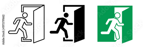 Entry and exit sign. Vector. Man enters and exits the room through the door.