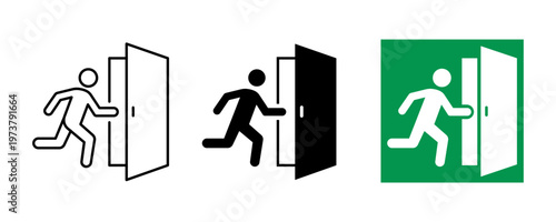 Entry and exit sign. Vector. Man enters and exits the room through the door.