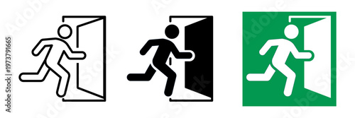 Entry and exit sign. Vector. Man enters and exits the room through the door.