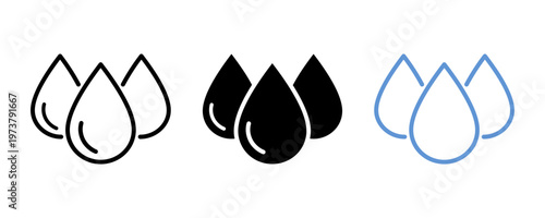Water drop icon set. Blue, black and line droplet icons collection. Drop shape icons. Blood or oil drop icon. Plumbing logo. Vector illustration.
