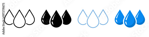 Water drop icon set. Blue, black and line droplet icons collection. Drop shape icons. Blood or oil drop icon. Plumbing logo. Vector illustration.