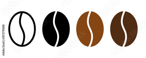 Coffee beans icon set. Espresso vector illustration. Coffee shop logo. Roasted coffee symbol. Hot drink aroma isolated sign.