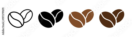 Coffee beans icon set. Espresso vector illustration. Coffee shop logo. Roasted coffee symbol. Hot drink aroma isolated sign.