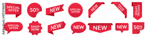 Set of sale labels, red sale labels,discount price tags mockups. Promotional sales tag vector template set