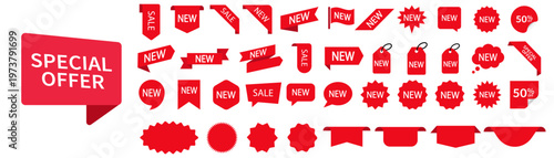 Set of sale labels, red sale labels,discount price tags mockups. Promotional sales tag vector template set