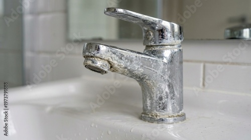 Faucet with limescale buildup in a bathroom setting  