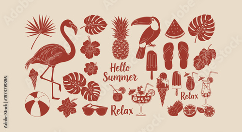 Collection of Hand Drawn Retro Tropical Summer Elements Flamingo Pineapple Monstera and Cocktails.
