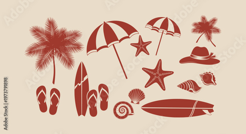 Vintage Style Silhouette Vector Set of Beach Vacation Icons with Palm Trees Umbrellas Surfboards