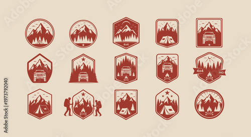 Vintage Outdoor Adventure Badge Set with Mountains Camping Tents Off Road Vehicles and Hiking Icons