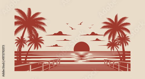 Retro Tropical Beach Sunset with Palm Trees and Wooden Pier Boardwalk Silhouette Vector Art Decor