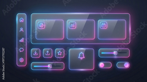 Neon Glassmorphism UI Kit with Glowing Buttons and Dashboard Elements, Futuristic Frosted Glass Interface on Dark Background