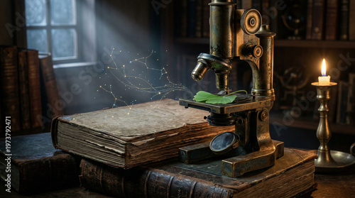 Vintage Brass Microscope on Old Books with Magical Constellations Glowing from a Leaf