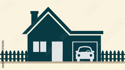 Minimalist graphic of a house with a garage, car, and picket fence