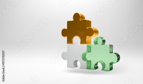 Three 3D puzzle piece, golden, green glass plastic icon. Isometric jigsaw render with yellow metal. Think, connect solve problem. Join matching parts create whole. Strategic logic concept on white bg