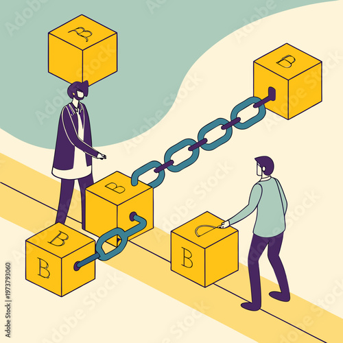 A man and a woman connected by a chain of blocks