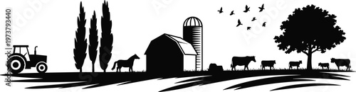 Black and white farm silhouette illustration with tractor, barn, silo, cows, horse, trees, birds, rural agriculture landscape scene