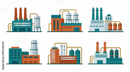Collection of modern flat design industrial buildings and factories