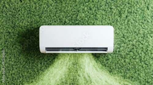 A sleek white air conditioner mounted on a vibrant green foliage wall. Clean airflow and a minimalist design evoke high-end, eco-friendly climate control.