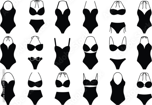Swimsuit silhouette collection, fashion design catalog, one piece and bikini styles, modern swimwear illustration, black vector clothing pattern reference art