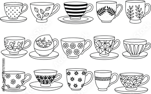 Teacup silhouette collection, decorative cup and saucer designs, floral and geometric patterns, modern kitchenware catalog, artistic ceramic vector illustration reference