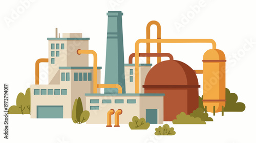 Industrial factory plant illustration with pipes, smokestack and storage tanks