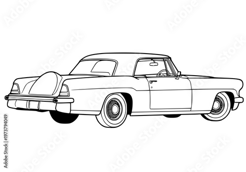 Classic 1950s luxury coupe with continental spare tire kit line art illustration