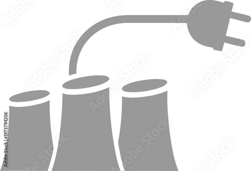 Title power plant silhouette with electrical plug energy source and connection description a grayscale silhouette depicts a power plant with three smokestacks