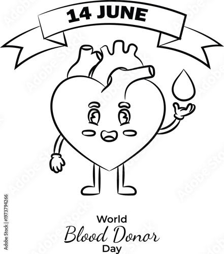 World blood donor day hand drawn coloring page line art with cute heart character