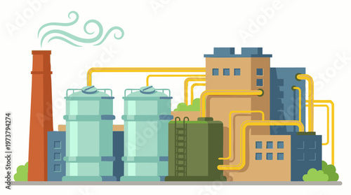 Industrial factory complex with smokestack, tanks, buildings, and pipes