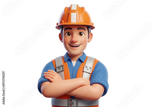 A cartoon construction worker with arms crossed isolated on transparent background, PNG