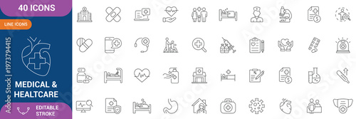 Medical & Healthcare icon set. Containing medical, pharmacy, cardiology, doctor, nurse, insurance, test tube and etc. Editable stroke. Vector illustration