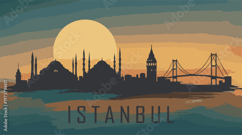 Istanbul skyline silhouette featuring iconic landmarks at sunset