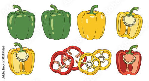 Collection of green, yellow, and red bell peppers shown whole and in slices highlights colorful fresh garden vegetables.