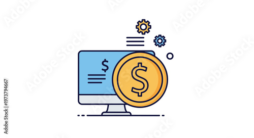 Digital finance icon features a computer monitor with a gold dollar coin and gears to represent automated transactions.
