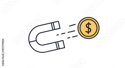 Magnet attracting a gold dollar coin in a clean outline vector illustration representing wealth attraction and financial success concepts.