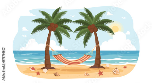Tropical beach landscape illustration with a striped hammock tied between two palm trees on a sunny shore with starfish and seashells in sand.