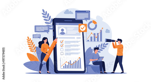 User profile and website dashboard management concept with people building an interface on a giant smartphone screen with charts and icons.