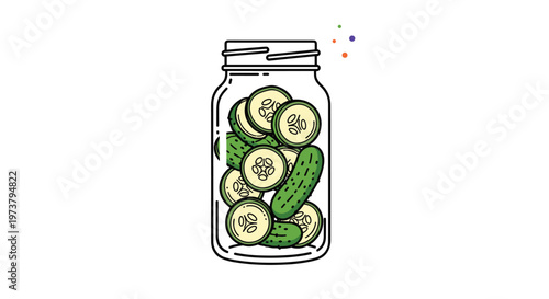 Glass jar filled with sliced cucumbers or pickles in a colorful vector illustration for food storage, preservation, and healthy eating themes.