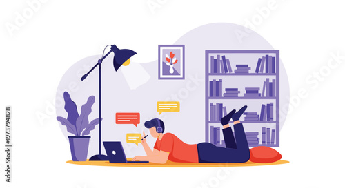 Remote work and study from home concept with a man lying on the floor with a laptop and headphones in a room with a full bookshelf and plants.
