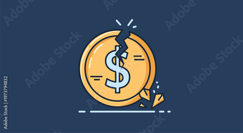 Broken gold coin with dollar sign represents financial failure, economic crisis, or bankruptcy in a simple flat style.