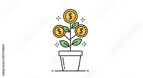 Financial investment growth concept with a plant growing in a pot that has gold dollar coins as flowers in a clean outline vector illustration.
