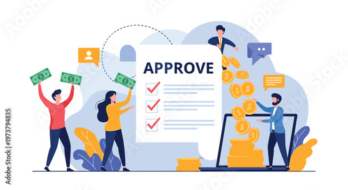 Financial document approval concept with people celebrating a signed document and coins falling into a laptop from an approved budget source.